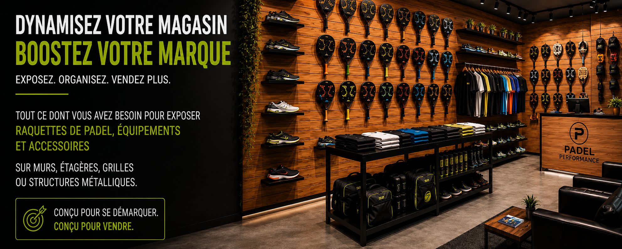 Boutique de padel haut de gamme avec murs en bois et présentoirs design pour raquettes, chaussures, vêtements et accessoires, mobilier moderne noir, éclairage LED chaleureux et espace commercial optimisé pour valoriser une marque de padel.